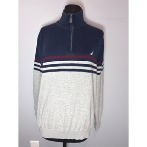 Nautica Men's Quarter Zip Sweater Navy Gray Striped Logo Size L
